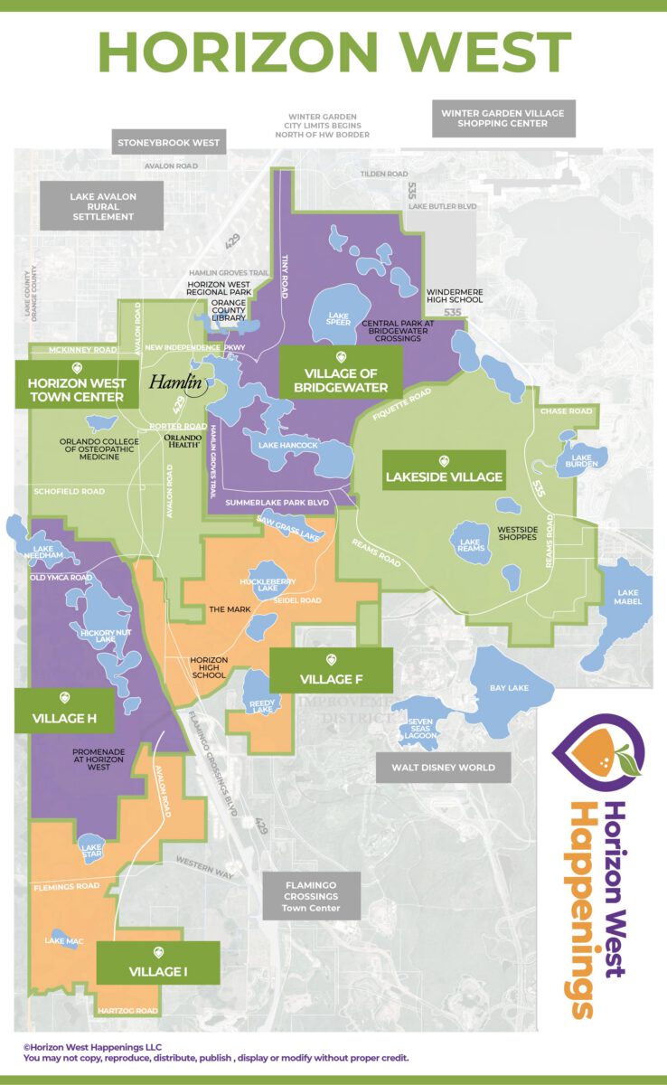 A detailed map of Horizon West Florida that includes boundaries, villages and landmarks.